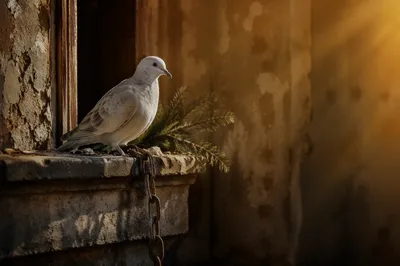 Dove Beside Broken Chains in Chapel Light