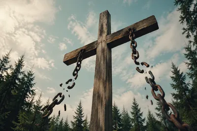 Broken Chains Falling From Forest Cross