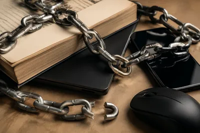 Broken Chains Over Devices Symbolizing Freedom