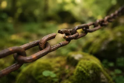 Broken Rusty Chain in Evergreen Forest