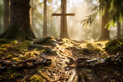 Broken Chains Beneath Evergreen Cross