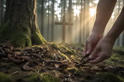 Broken Chains Beneath Evergreen Cross