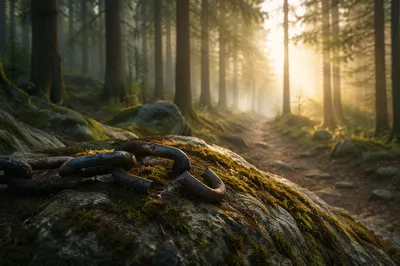 Broken Chains on Mossy Forest Stone