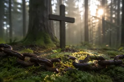 Broken Chains Before Cross in Evergreen Forest