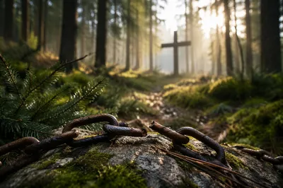 Broken Chains Beside Forest Cross