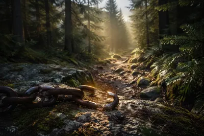 Broken Chains at Dawn in Evergreen Forest