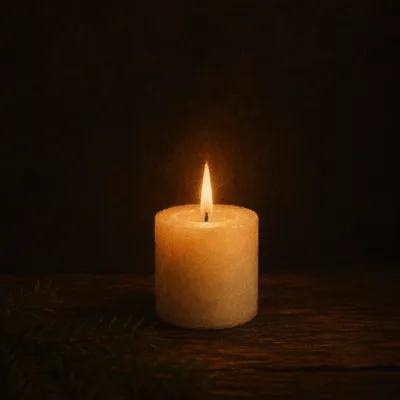Burning Ivory Candle on Dark Evergreen Background