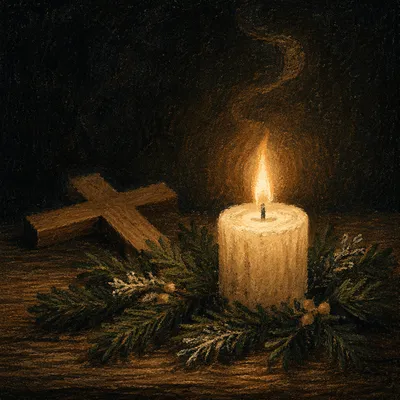 Burning Candle with Evergreen Faith Cross