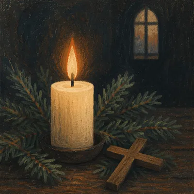 Evergreen Candlelight with Wooden Cross