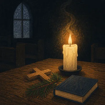 Burning Candle with Cross and Evergreen