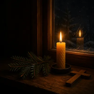Burning Candle with Evergreen and Wooden Cross