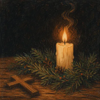 Burning Candle with Evergreen Faith Cross