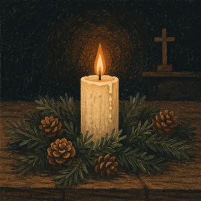 Burning Candle with Evergreen Prayer Wreath