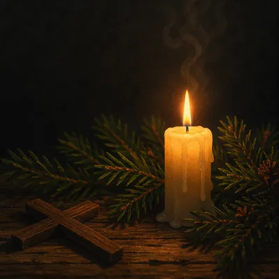 Burning Candle with Evergreen Faith Cross