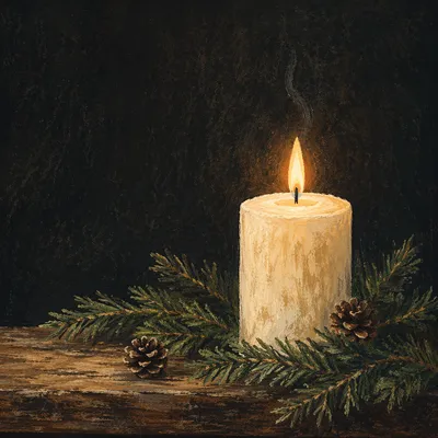 Faith Candle with Evergreen in Winter Shadows