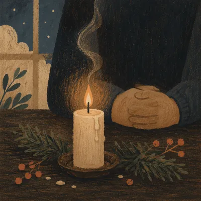 Burning Candle with Evergreen Faith Reflection