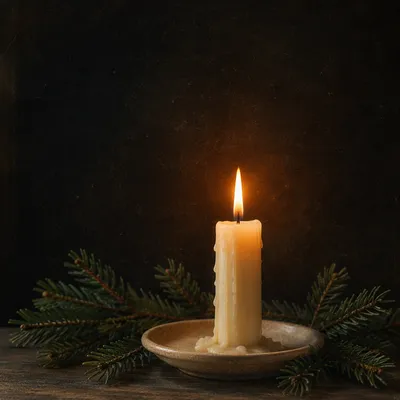 Burning Candle with Evergreen in Darkness