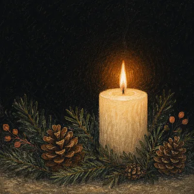 Burning Candle with Evergreen in Darkness
