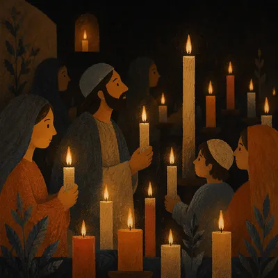 Burning Candles in Dark Prayerful Setting