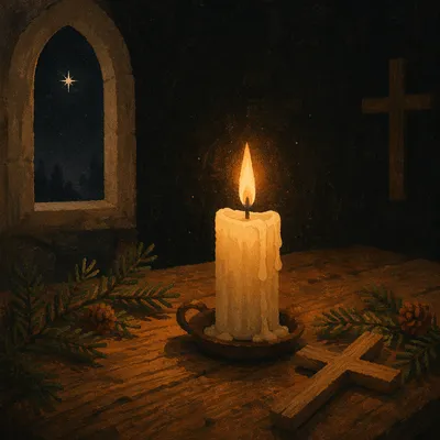 Burning Candle Prayer with Evergreen Cross
