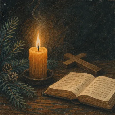 Burning Candle with Evergreen and Cross