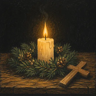 Burning Candle with Evergreen Wreath and Cross