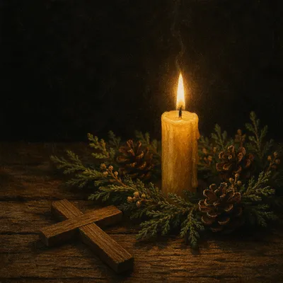 Burning Candle with Evergreen Faith Wreath