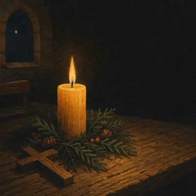 Burning Beeswax Candle with Evergreen Faith