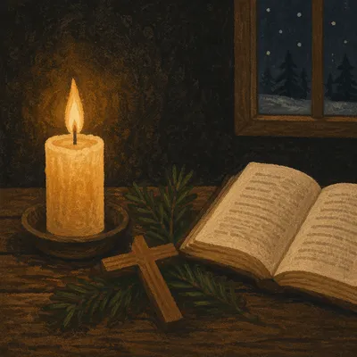 Candlelit Faith with Evergreen and Cross