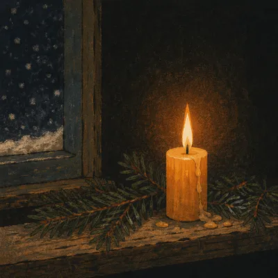 Burning Beeswax Candle with Evergreen Sprigs