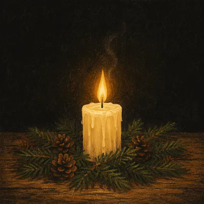 Burning Candle of Faith Among Evergreens