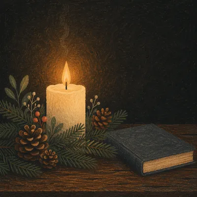 Burning Candle with Evergreen Faith Still Life