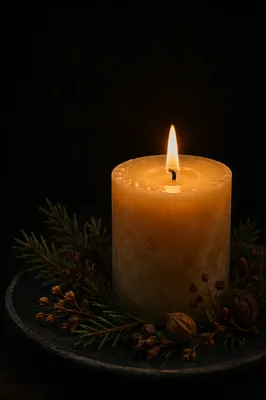 Burning Candle with Evergreen in Quiet Darkness