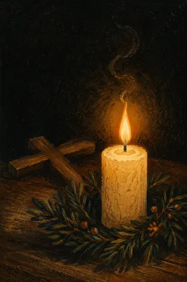 Burning Candle with Evergreen Faith Cross