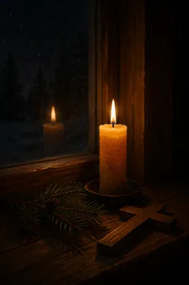 Burning Candle with Evergreen and Wooden Cross