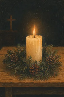 Burning Candle with Evergreen Prayer Stillness