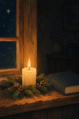 Burning Ivory Candle with Evergreen Sprigs