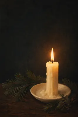 Burning Ivory Candle with Evergreen Sprigs