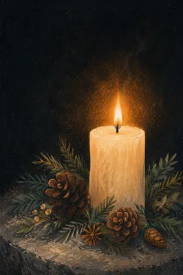 Burning Candle with Evergreen in Darkness