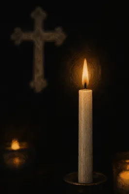 Burning Candle with Cross in Darkness
