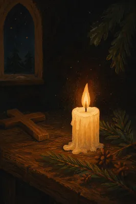 Burning Candle Prayer with Evergreen Cross