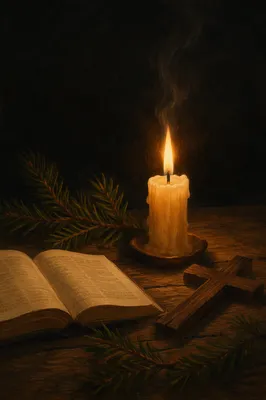 Burning Beeswax Candle with Evergreen Faith