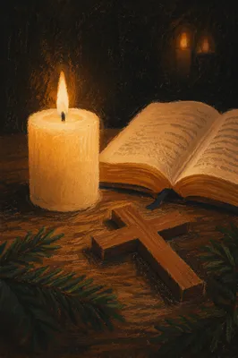 Burning Candle with Cross in Quiet Prayer
