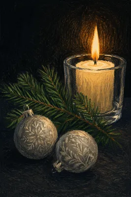 Burning Candle with Evergreen and Silver Ornaments