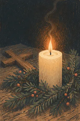 Burning Candle with Evergreen Faith Cross