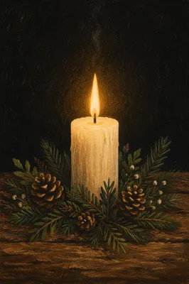 Ivory Candle with Evergreen in Darkness
