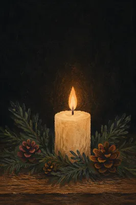 Burning Candle with Evergreen in Darkness