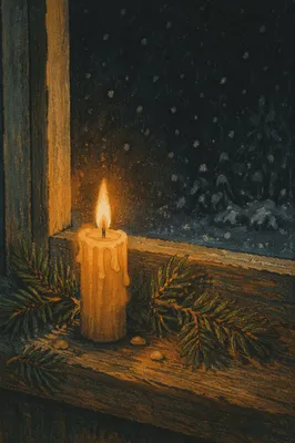 Beeswax Candle with Evergreen in Winter Darkness