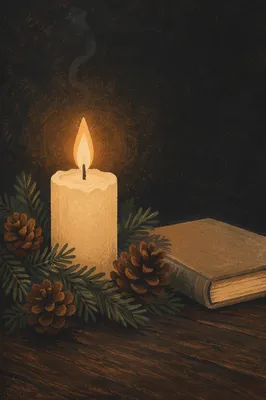 Burning Candle with Evergreens in Quiet Faith