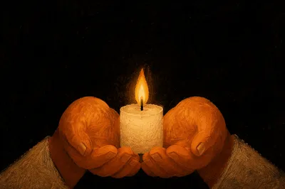 Cupped Hands Holding Candle of Faith